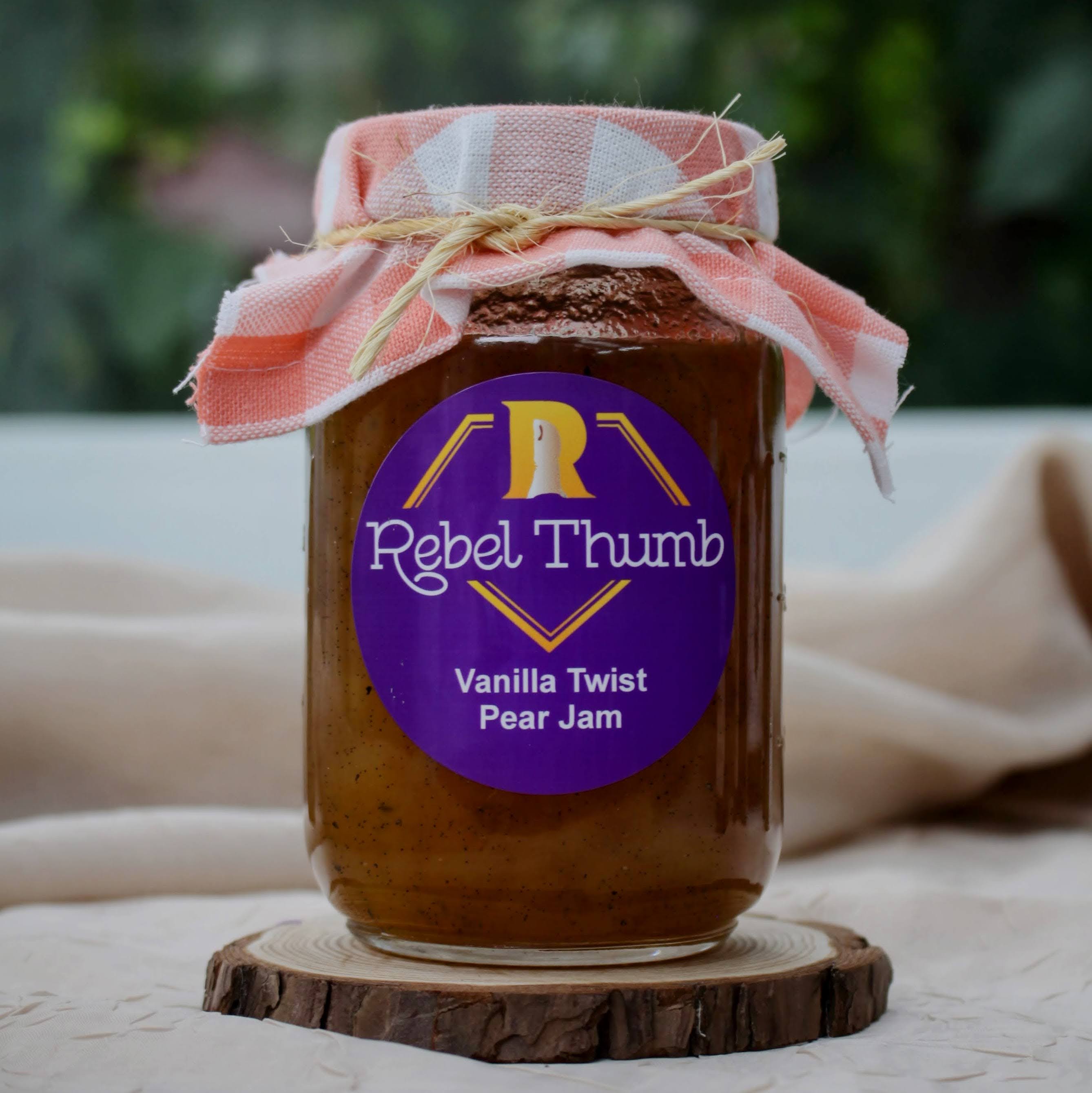 Jar of organic Rebel Thumb Vanilla Twist Pear Jam made in California 