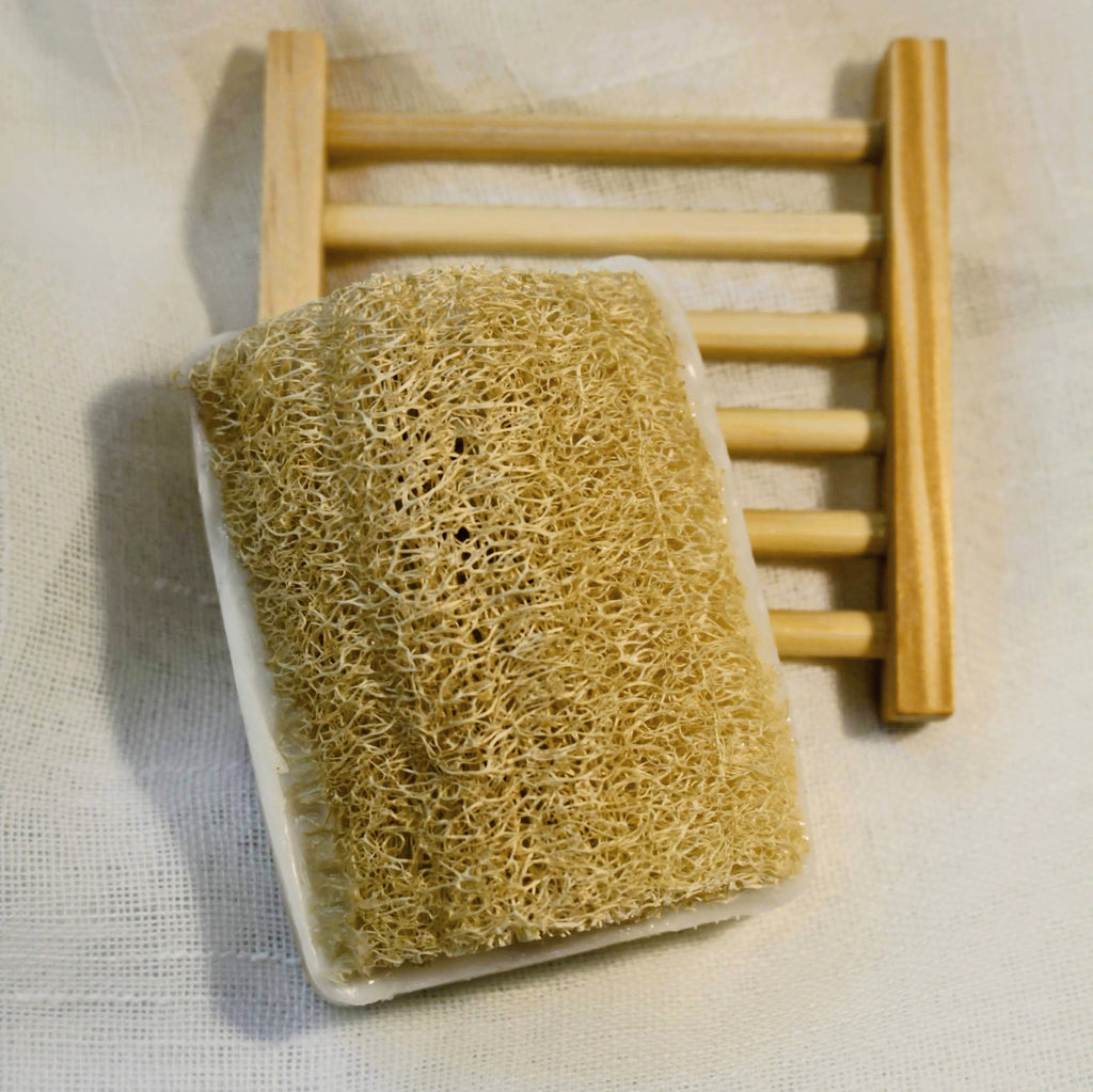Sustainable and eco-friendly natural loofah (luffa) sponge bar soap made in California that can be used for women's selfcare