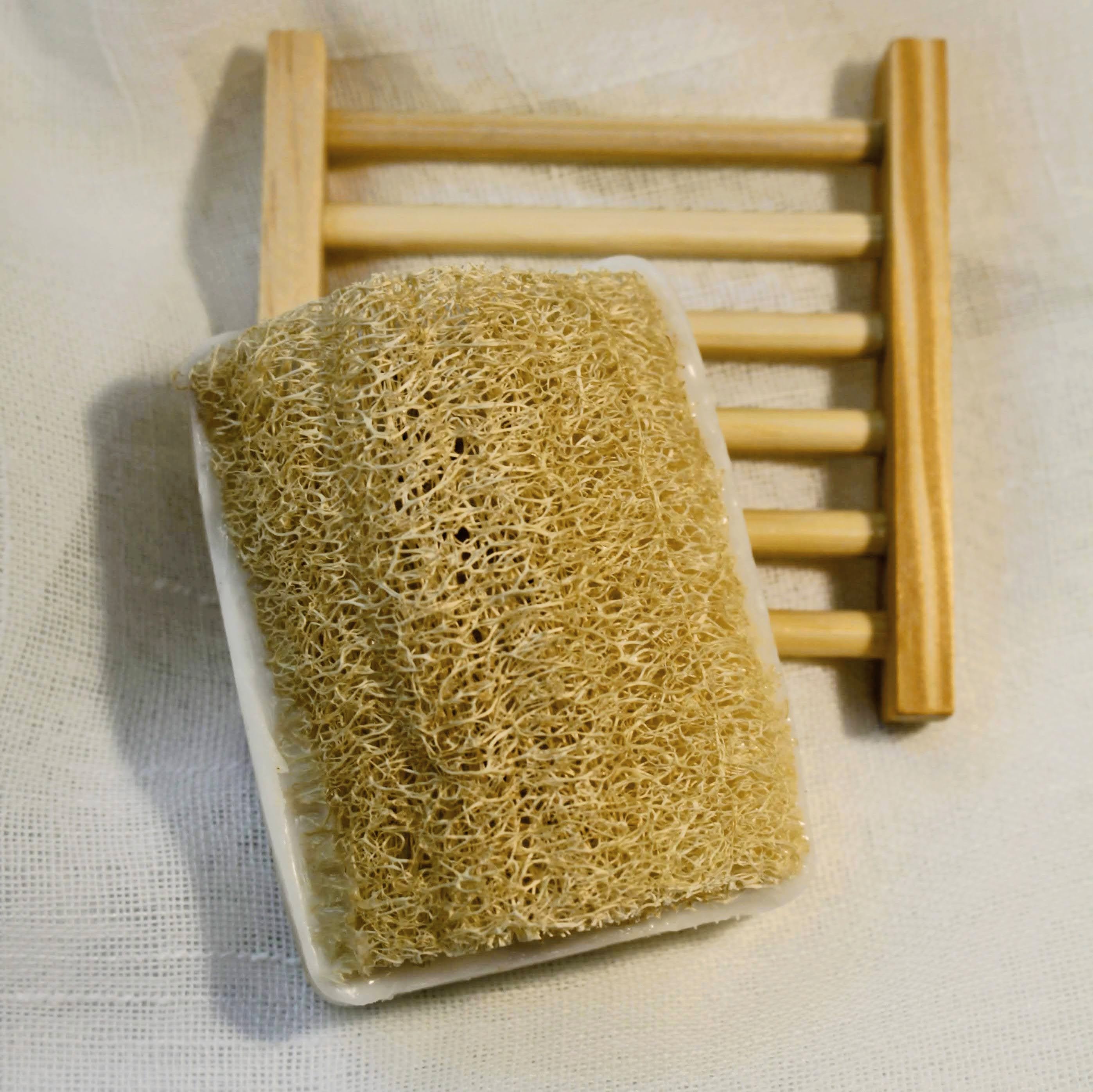 Sustainable and eco-friendly natural loofah (luffa) sponge bar soap made in California that can be used for women's selfcare