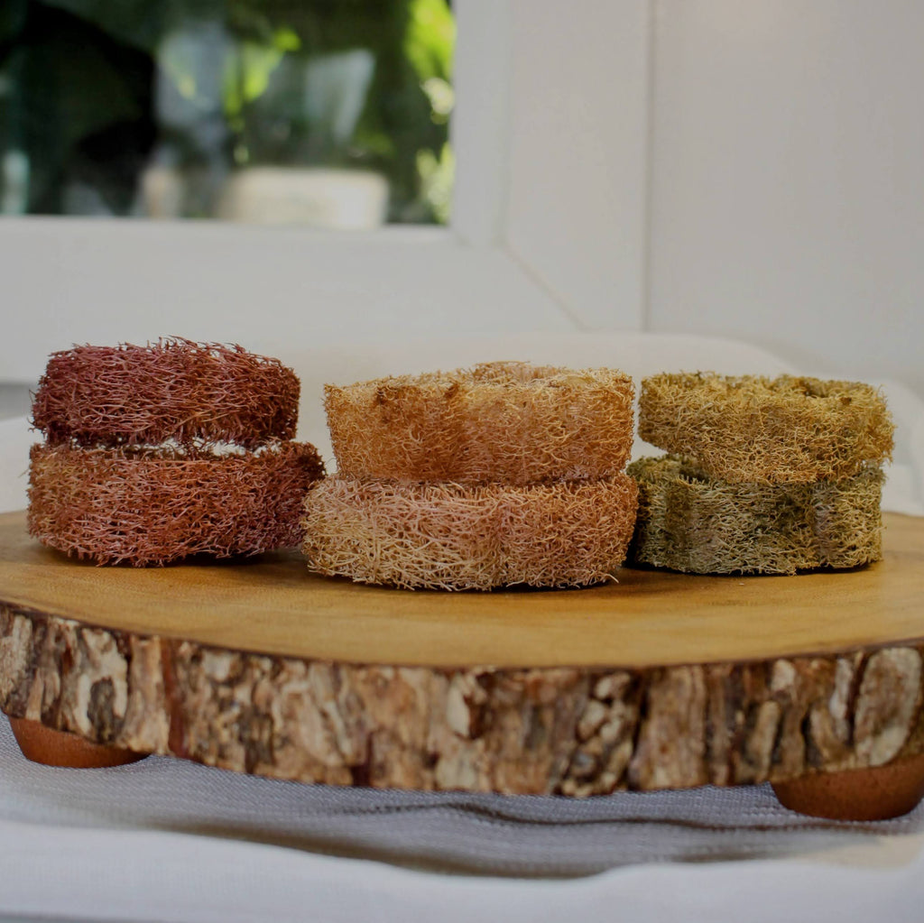 Sustainable and eco-friendly natural loofah (luffa) pet dental aid made in California on top of a wooden surface