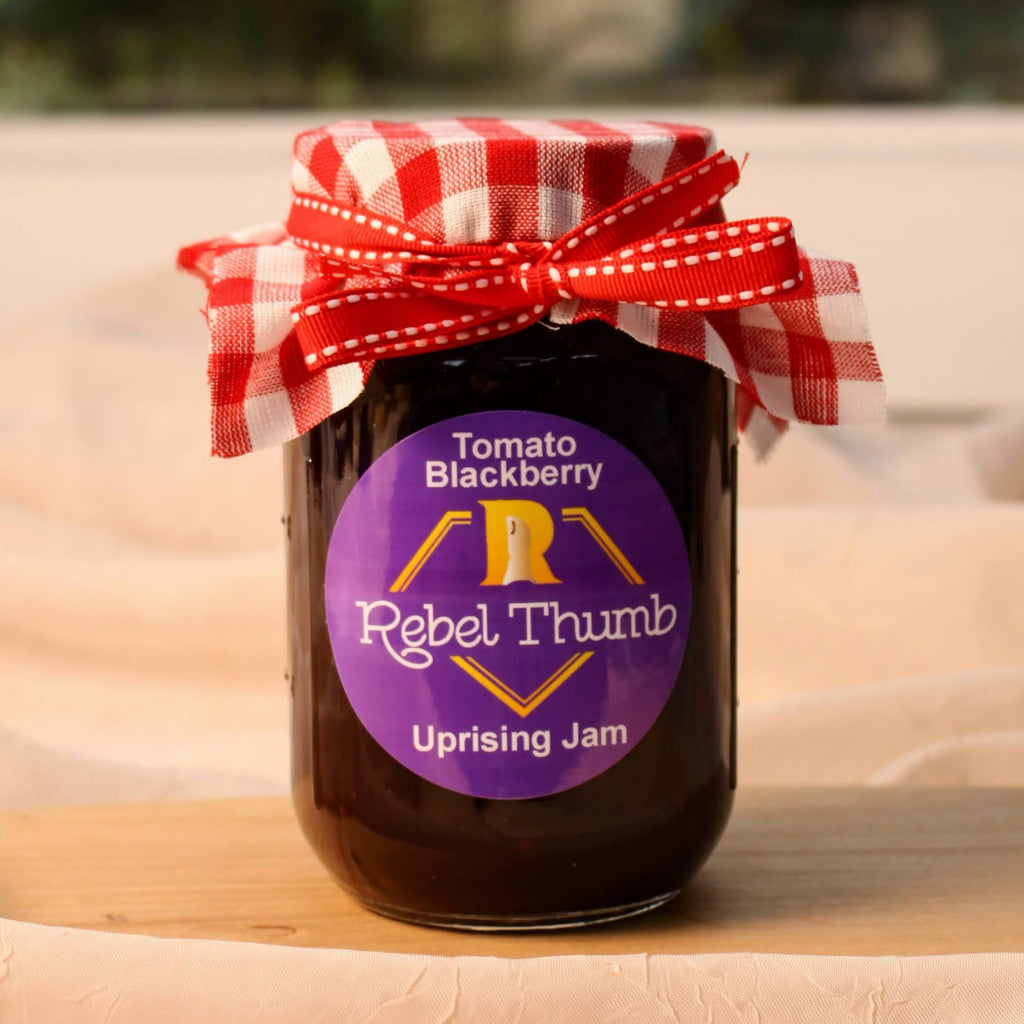Jar of organic Rebel Thumb Tomato Blackberry Uprising Jam made in California