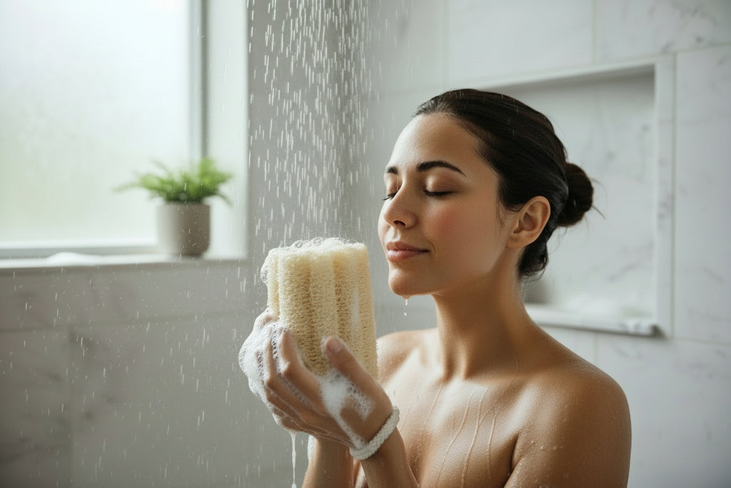 Sustainable, biodegradable and eco-friendly self-care natural loofah (luffa) sponge with an organic cotton hanging cord.