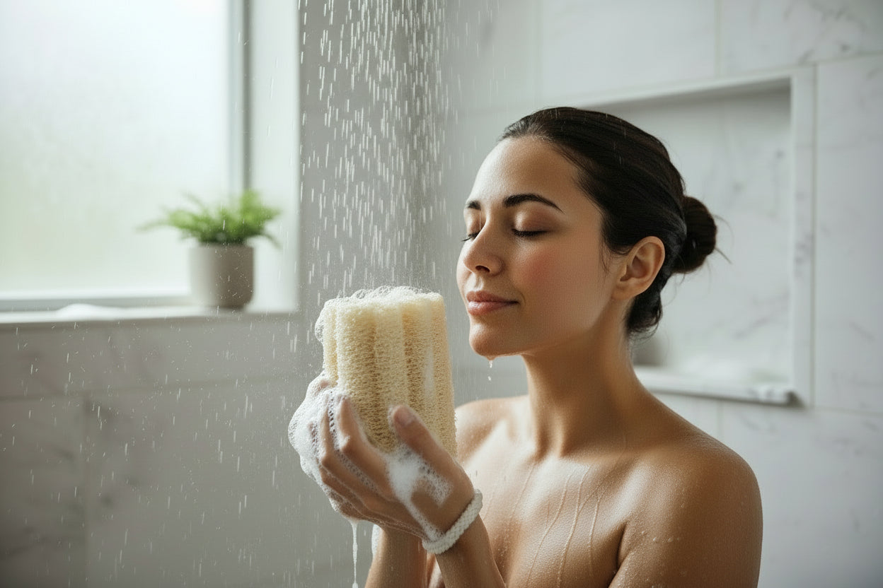 Sustainable, biodegradable and eco-friendly self-care natural loofah (luffa) sponge with an organic cotton hanging cord.