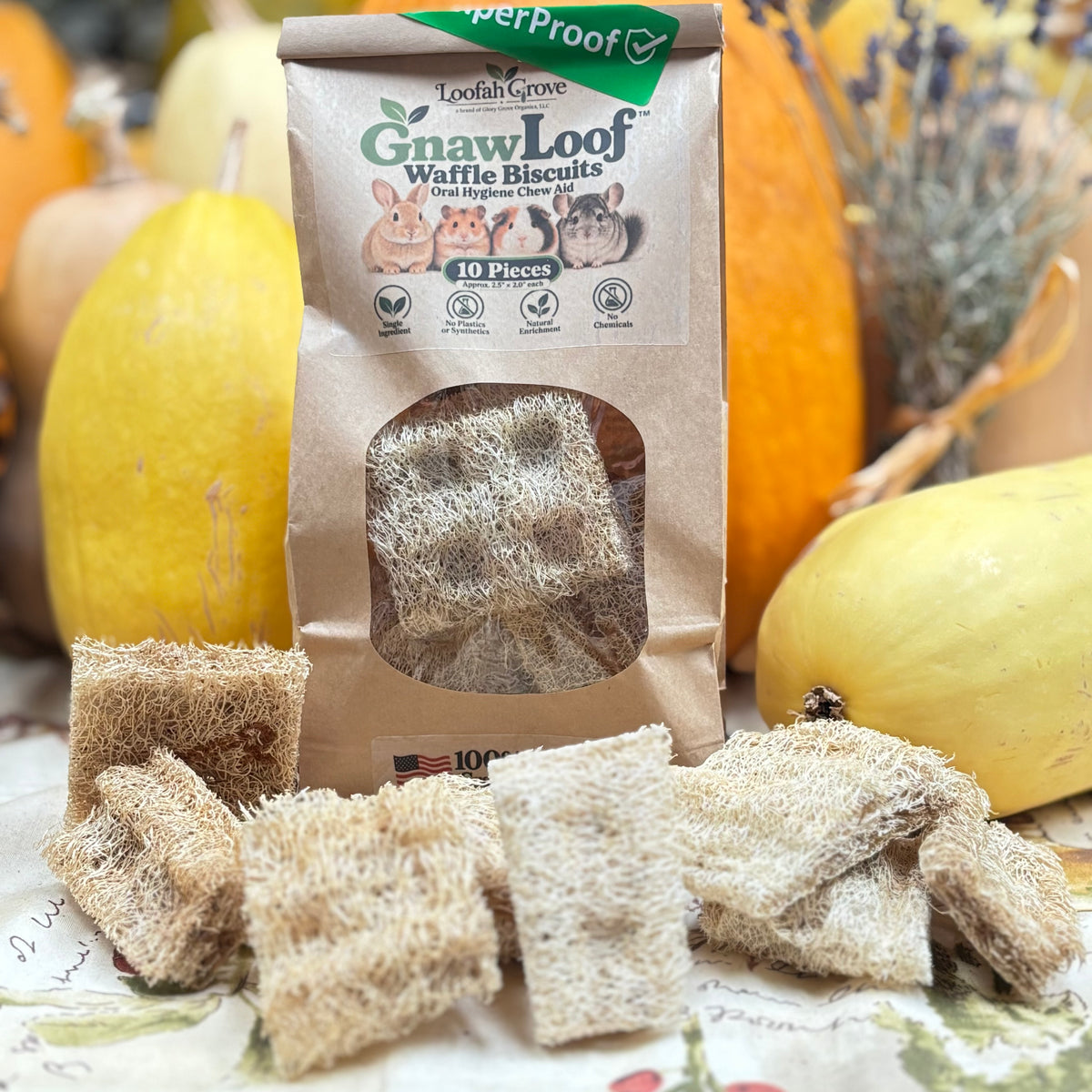 GnawLoof Waffle Biscuits ten-piece package with loose natural loofah waffle biscuits.