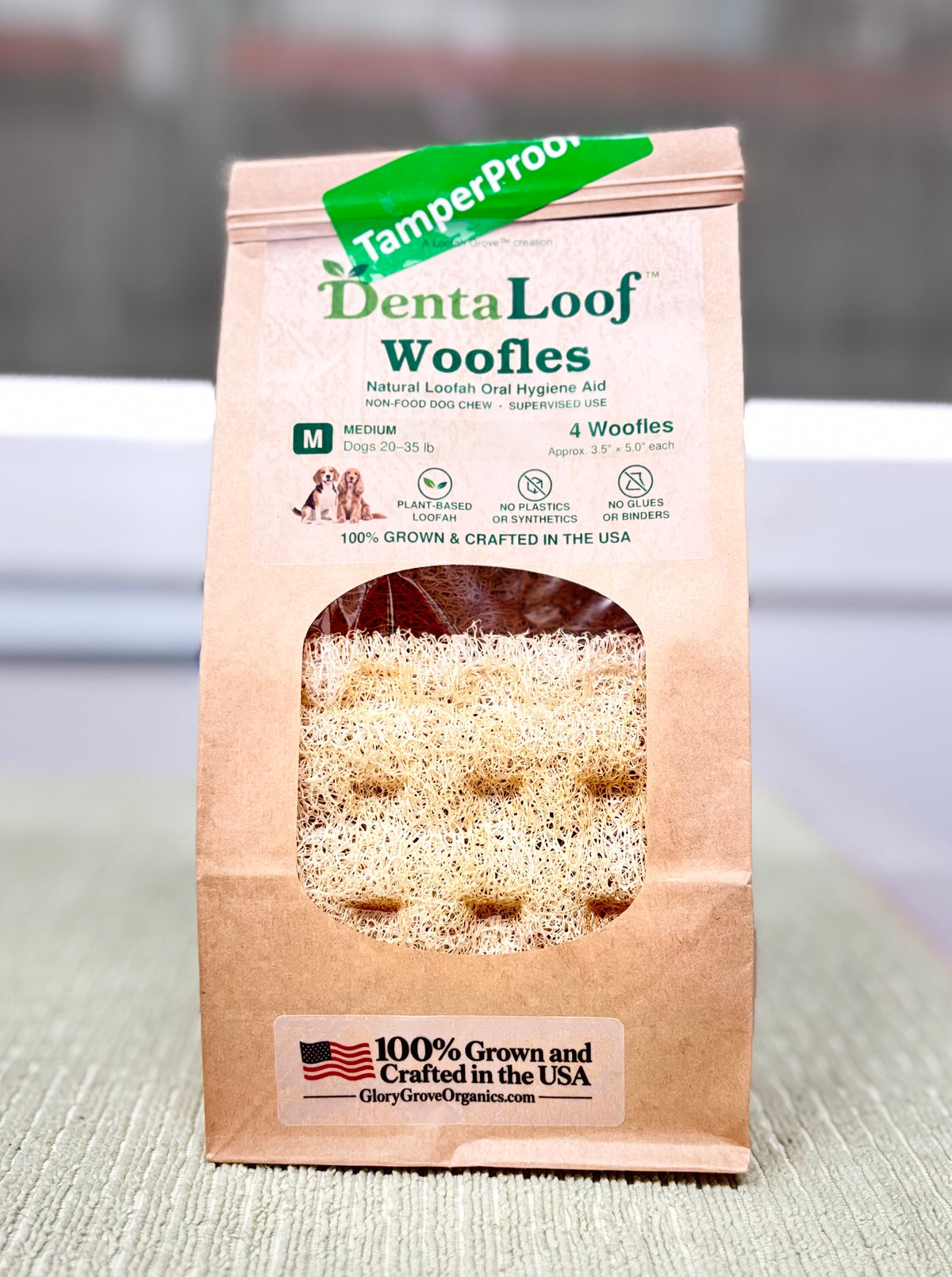 DentaLoof Woofles Medium package containing four loofah dog chews.