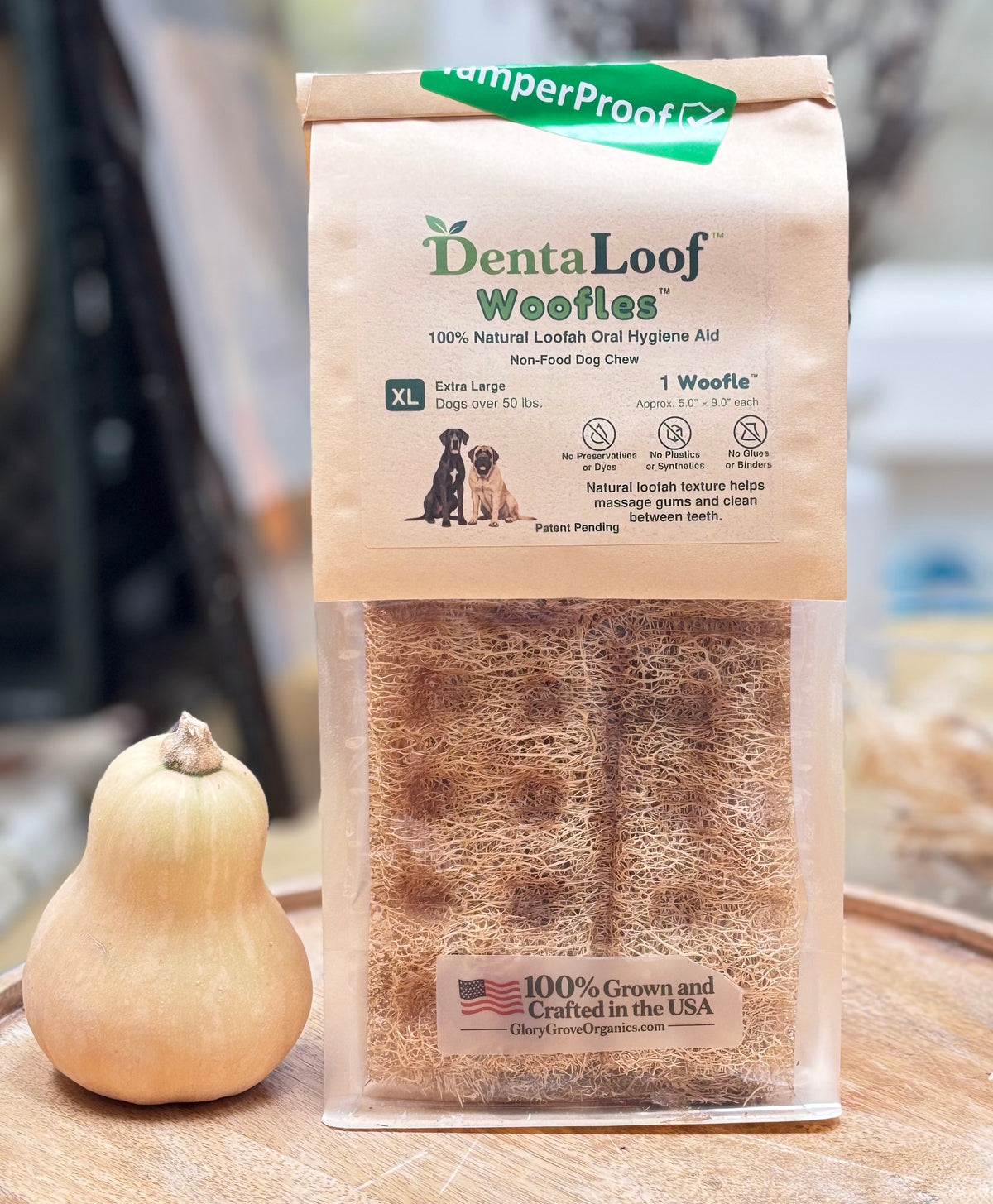 DentaLoof Woofles Extra Large package containing one loofah dog chew.