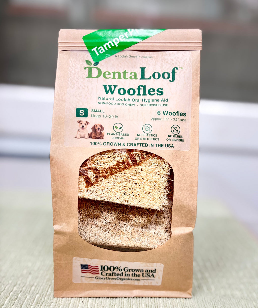 DentaLoof Woofles Small package containing six loofah dog chews.